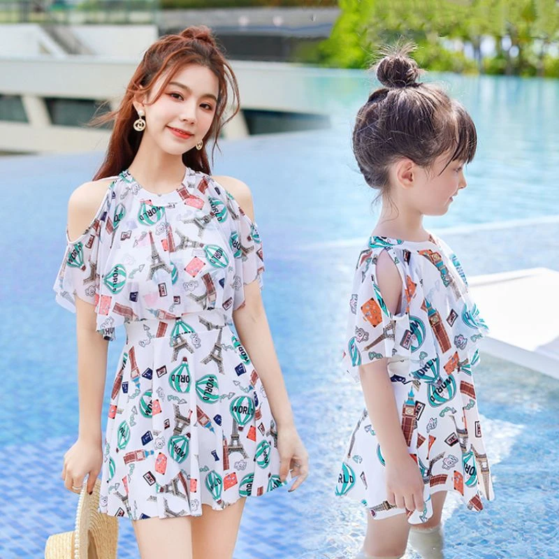 亲子母女泳装新款儿童泳衣女童中大童连体裙式时尚洋气女孩游泳衣