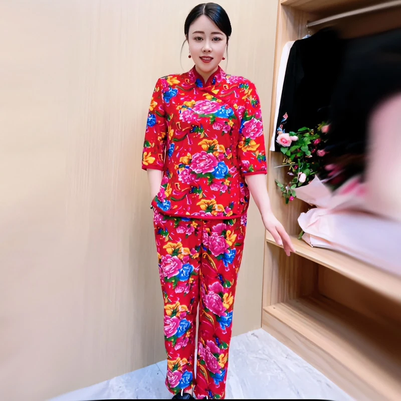 夏季东北大花碎花中年妈妈装网红时尚印花休闲大码民族风显瘦套装