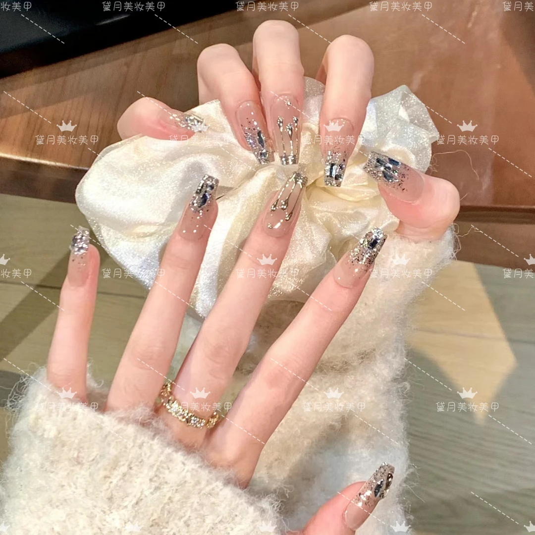 白玲兰 纯手工光疗美甲贴果冻贴片指甲穿戴甲简约梯形重复