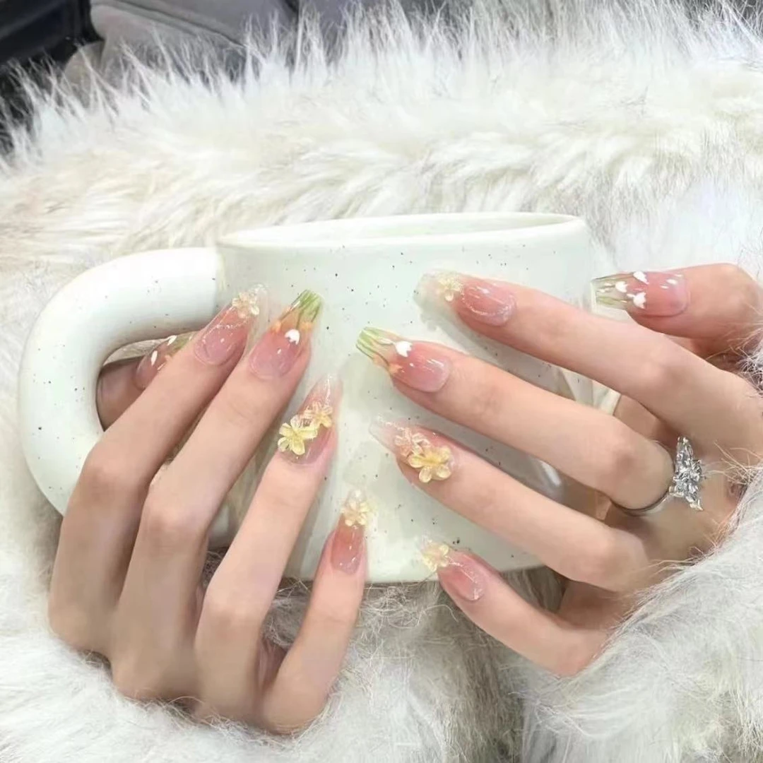 腮红郁金香纯手工光疗美甲贴果冻贴片指甲穿戴甲简约梯形重复