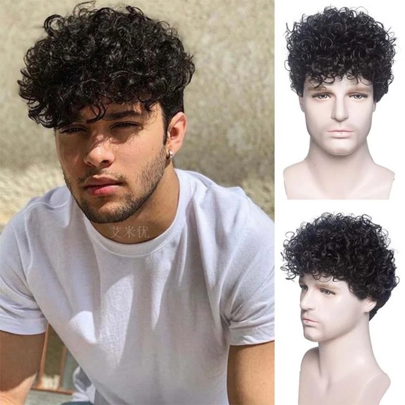 男士假发蓬松短卷发欧美假发男式逼真化纤假发头套Man Hair Wigs