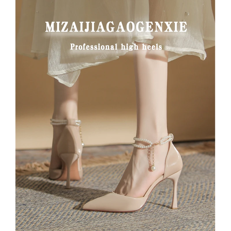 绝美珍珠包头中空凉鞋女2025新款性感尖头裸色高跟鞋红底斩男细跟