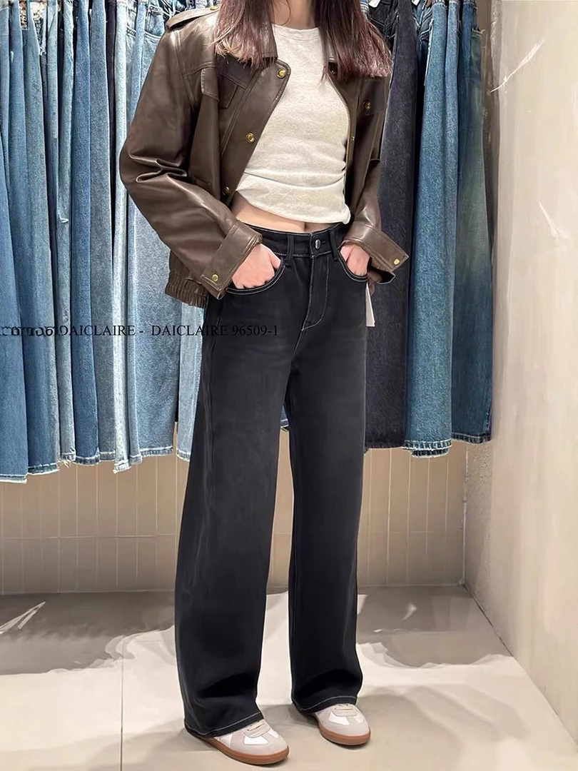 代嘉儿加绒直筒牛仔裤女秋冬款阔腿裤高腰显瘦特绒96509-1拖地裤