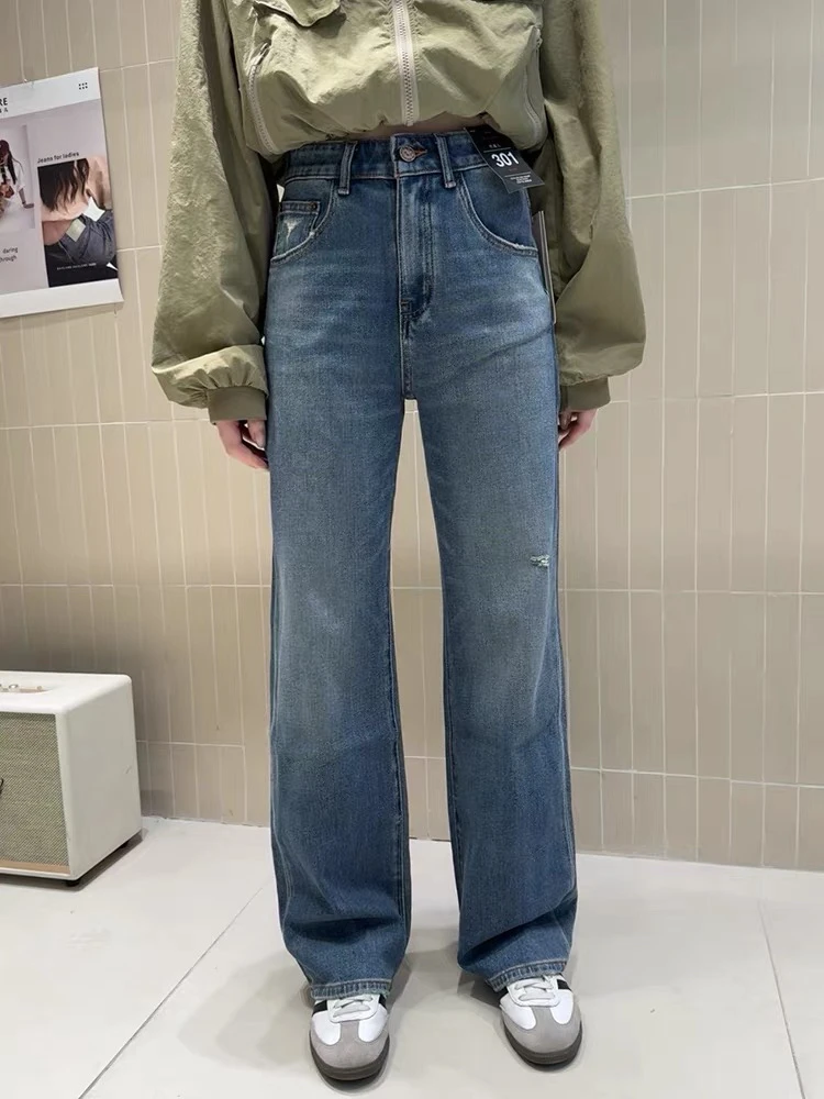 代嘉儿C310高端系列女早秋新款破洞高腰四面弹直筒窄版阔腿牛仔裤