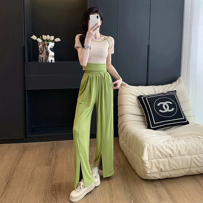 运动套装新款时尚休闲减龄洋气修身高腰垂感休闲裤开叉短袖气质