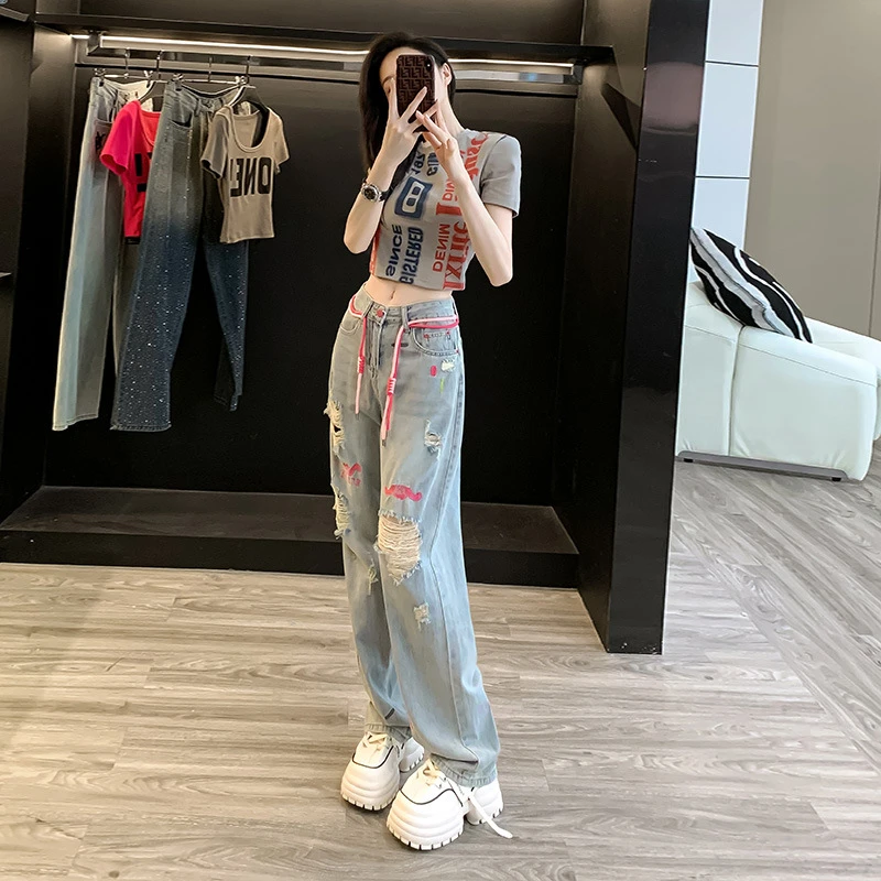 时尚套装夏新款欧货短款t恤个性破洞牛仔裤两件套女夏季短袖显瘦