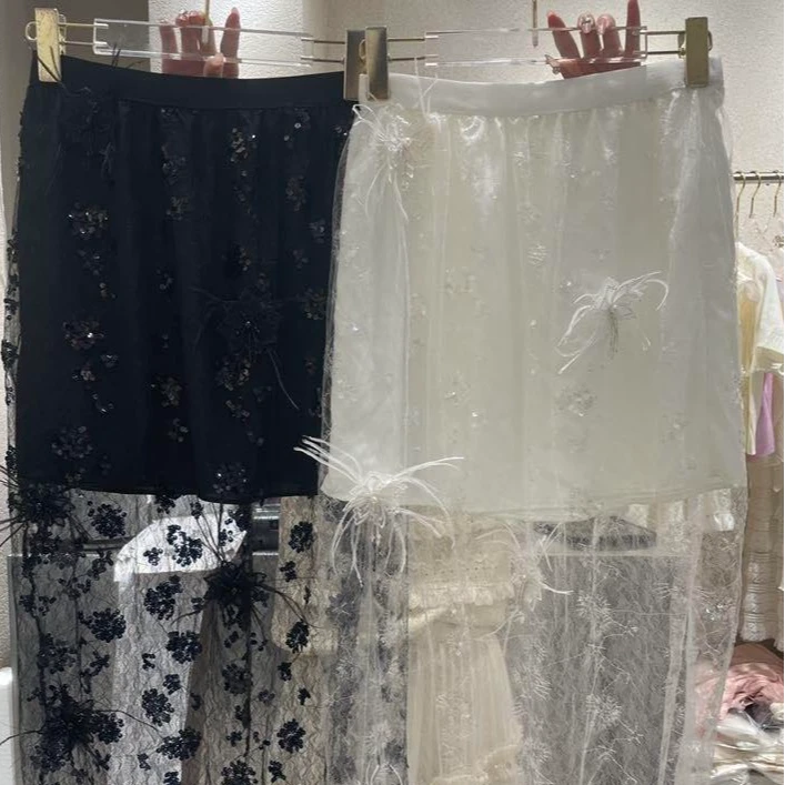 【清仓】田娇baby  夏季新款  双拼半裙 镂空亮片花朵蕾丝半身裙