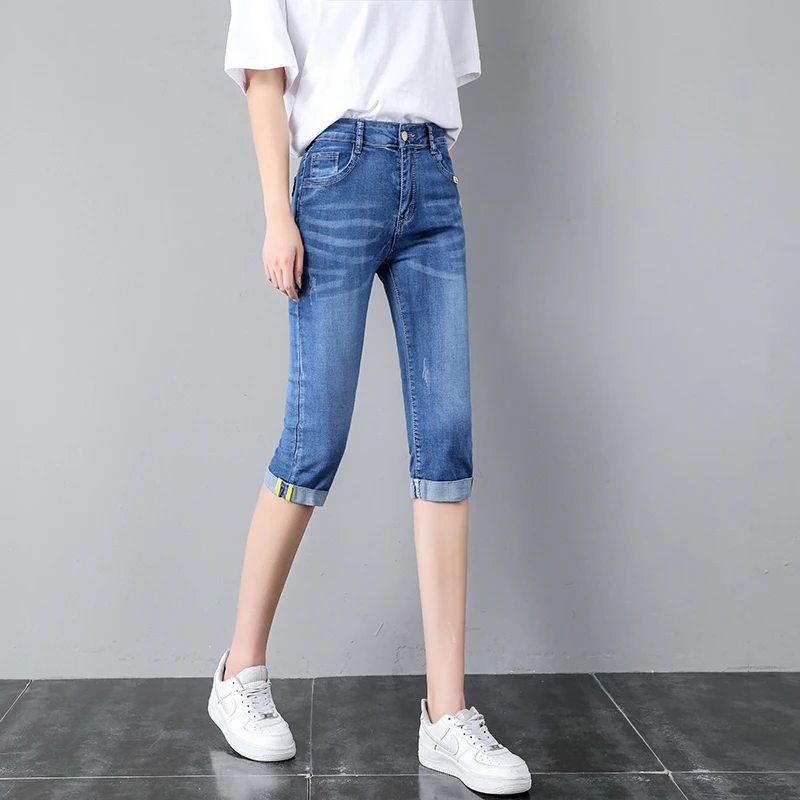七分裤女夏季薄款2025新款小个子高腰显瘦修身弹力卷边牛仔中裤子