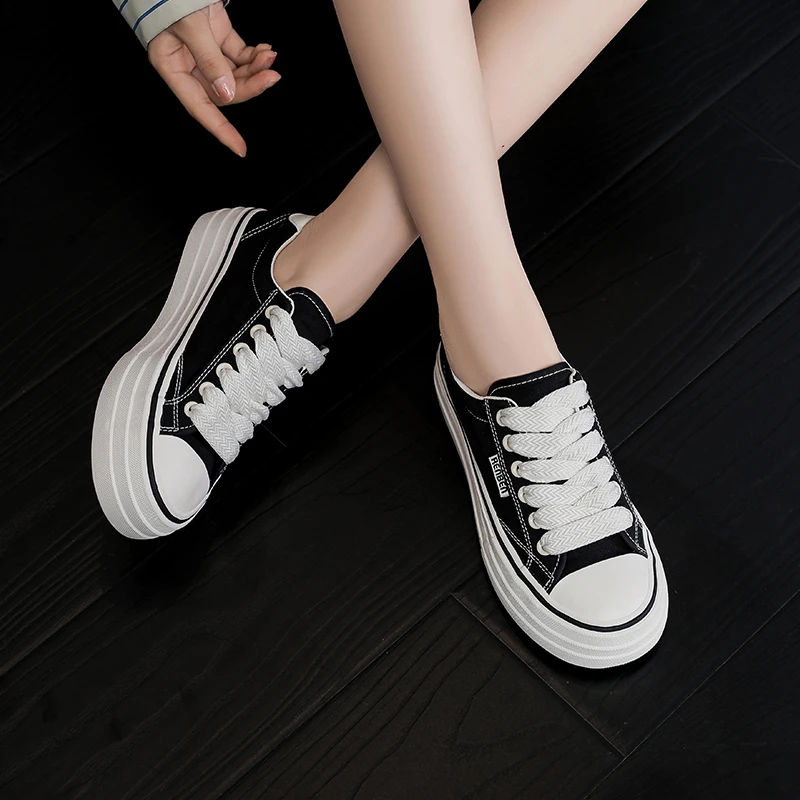 人本2025爆款女鞋国风帆布鞋厚底时尚百搭休闲鞋厚底舒适休闲韩版