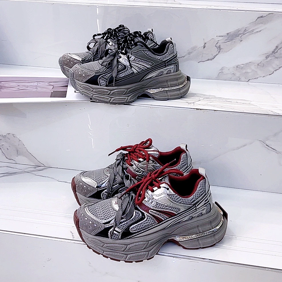 真皮厚底双鞋带老爹鞋女2024秋冬款加绒小个子增高透气运动休闲鞋