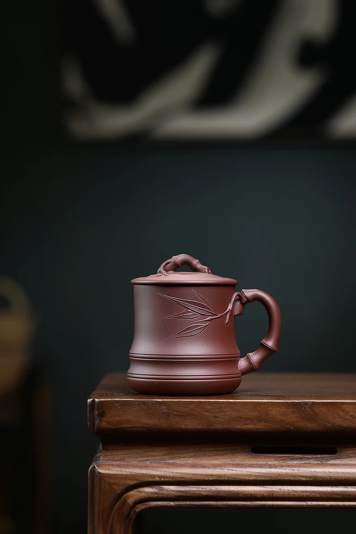 雪涓（微瑕）原矿紫砂深井紫泥手工400cc男女士贴叶竹节办公盖杯