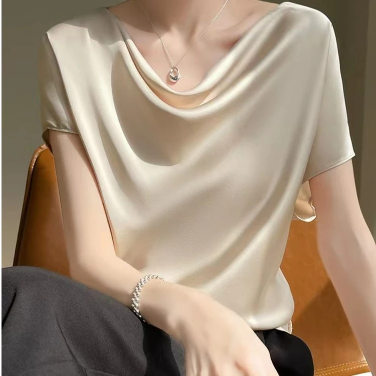 法式荡领醋酸缎面T桖夏季堆堆领气质时尚上衣A15