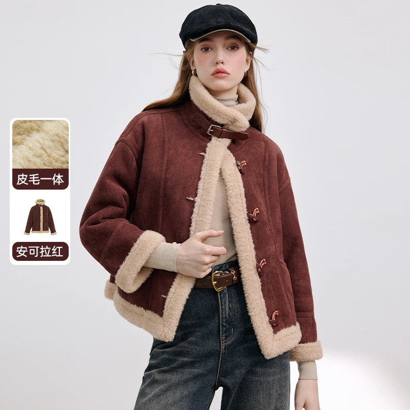 KBNE皮毛一体外套女秋冬新款2025爆款立领安哥拉红毛毛外套小个子