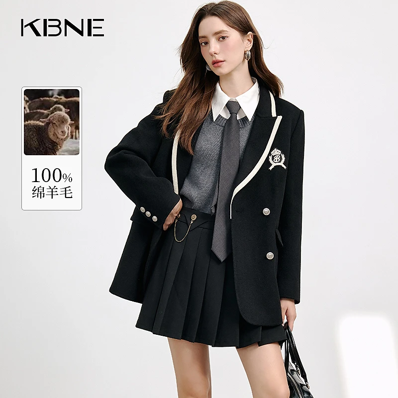 KBNE毛呢西装外套高级感大衣女秋冬2025新款100%羊毛大衣学院风