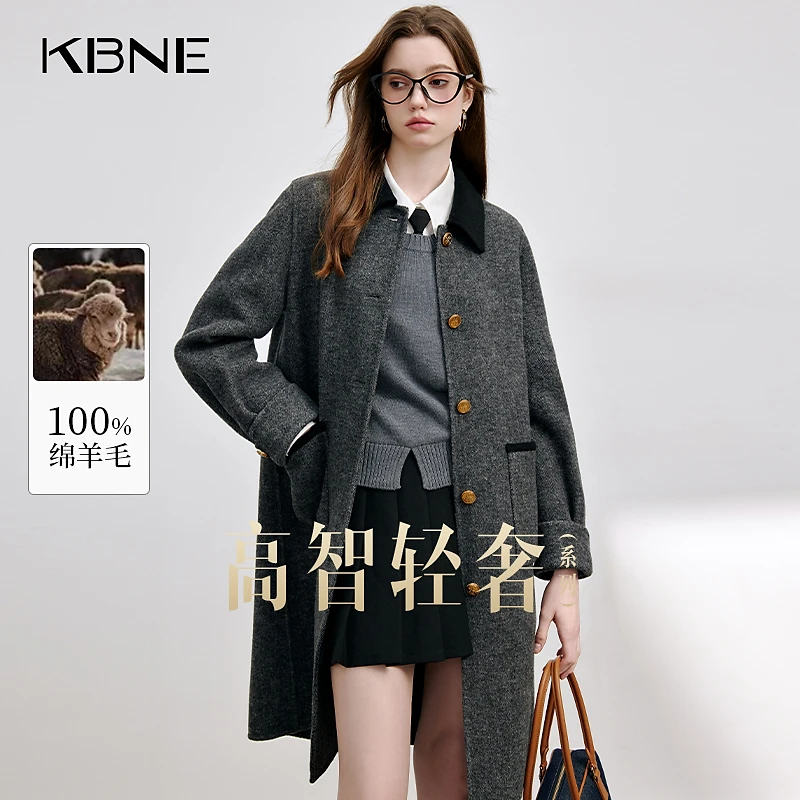 KBNE双面羊毛呢大衣高级感女款爆款2025新款人字纹撞色毛呢大衣