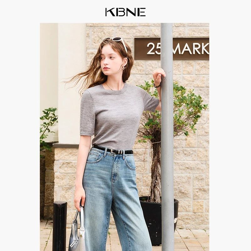 【100%羊毛】KBNE2024针织T恤女短袖打底衫夏季新款爆款别致上衣