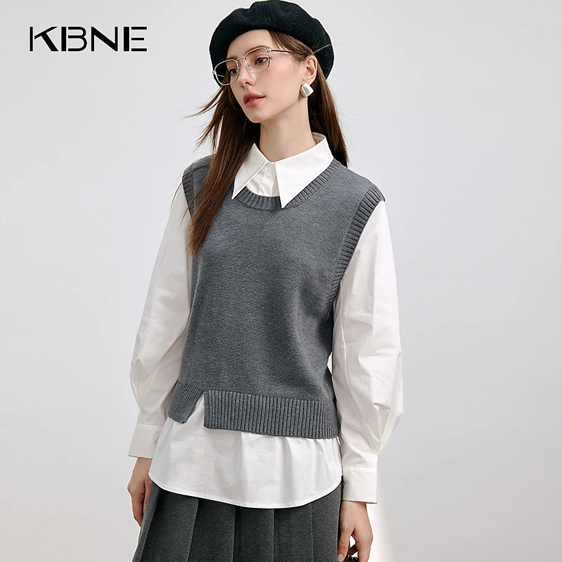 KBNE女装秋款爆款2025新款高级感宽松学院风针织假两件上衣小个子