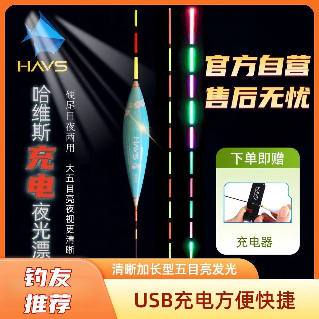 哈维斯电子夜光漂充电日夜两用清晰加长型发光五目亮硬尾纳米浮漂