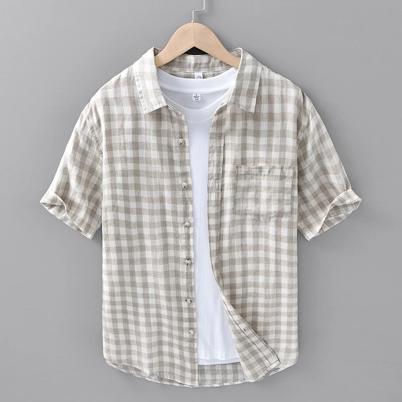 夏季纯亚麻格子衬衫男短袖宽松薄款百搭休闲衬衣青年麻料上衣