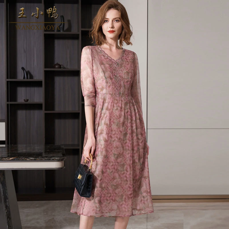王小鸭品牌夏季新款连衣裙女气质复古花色长裙轻薄透气淑女裙飘逸