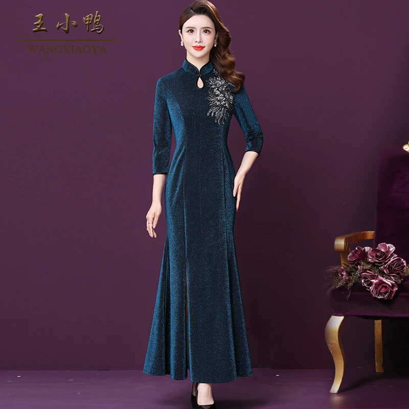 王小鸭W-BM-916079X春夏新款轻奢晚宴礼服女修身刺绣包臀旗袍气质