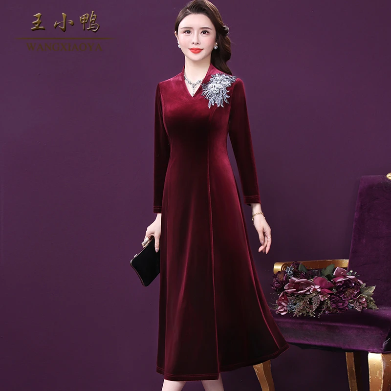 王小鸭W-XY-60092Y晚宴礼服裙正品春秋新款优雅刺绣婚宴女连衣裙