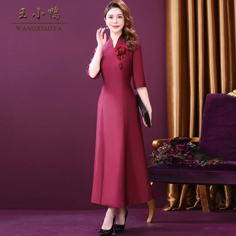 王小鸭W-BM-916358A5新款气质连衣裙衣服舒适显瘦大气温婉v领长裙