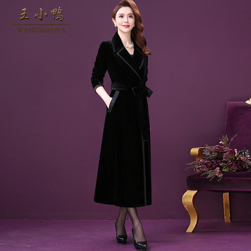 王小鸭W-YC-F3720黑色长款风衣外套女年新款舒适流行收腰大衣显瘦