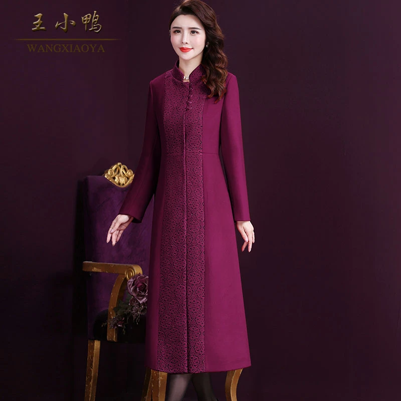 王小鸭W-XY-189Y新款女时尚刺绣盘扣通勤大衣中年妈妈装毛呢外套