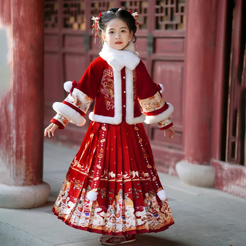 汉服女童冬季儿童拜年服中国风马面裙秋冬红色加绒加厚过年裙子冬