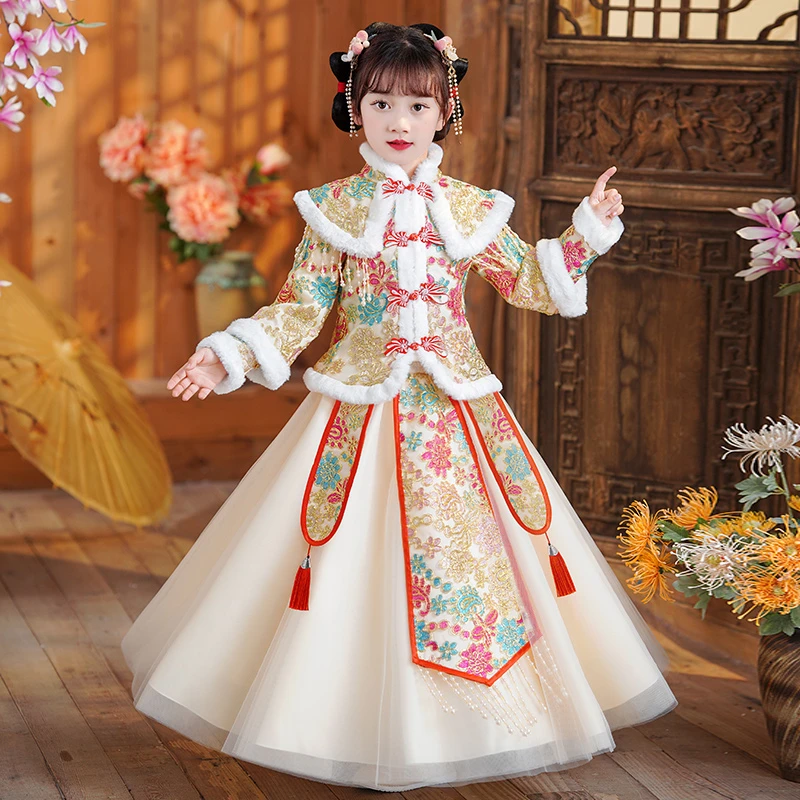 儿童汉服冬季加厚古装拜年服2024新款女童古风冬装公主裙子秋冬款