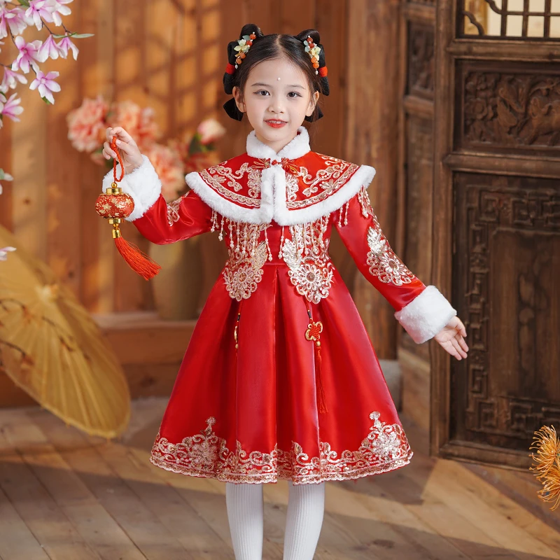 女童汉服2023新款秋冬加绒连衣裙儿童中国风超仙古装拜年服冬款