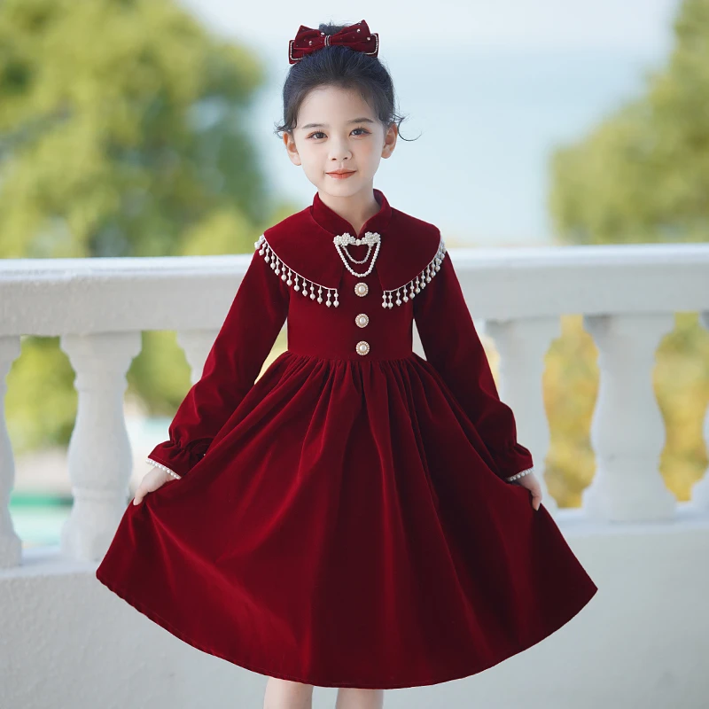 女童连衣裙加绒红色2023新款小女孩公主裙秋冬款儿童洋气冬季裙子