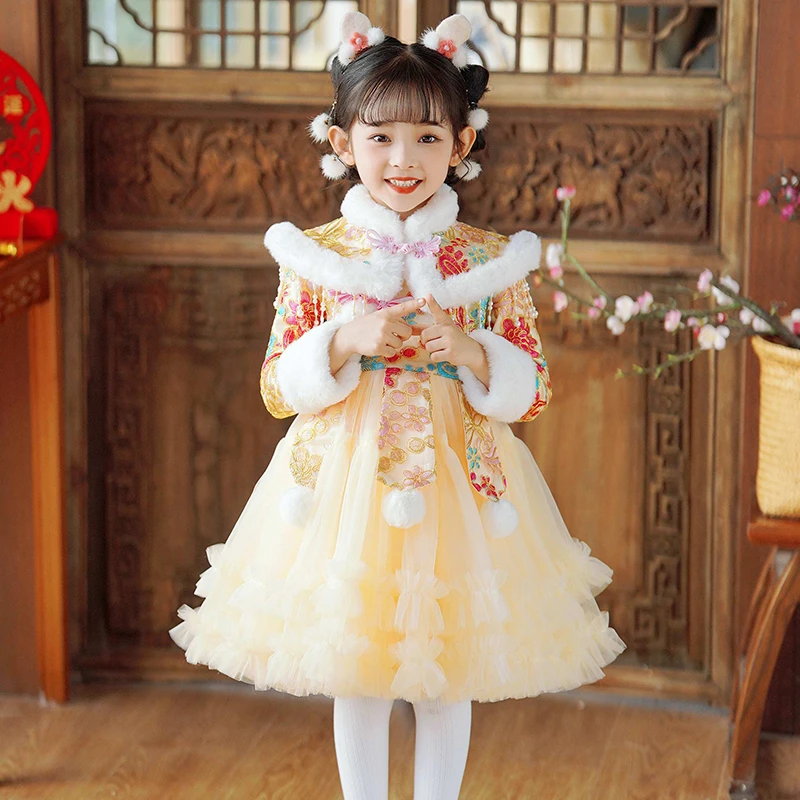 汉服女童秋冬国风拜年服儿童加绒加厚冬款公主裙2024新款裙子冬季