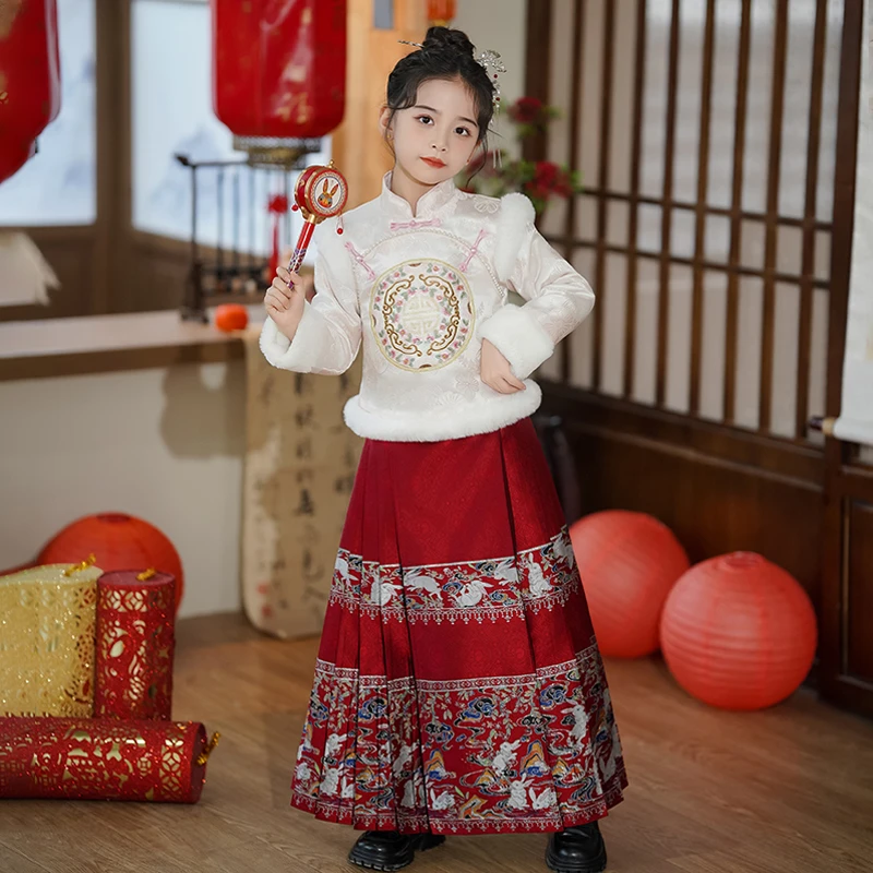 汉服女童秋冬拜年服儿童国风唐装加厚过年童装马面裙明制套装冬季