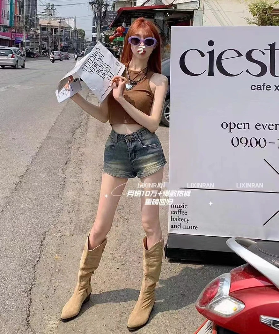 李欣然  【昨日派对】   夏洗水高腰A版做旧超软高腰牛仔短裤#A0891