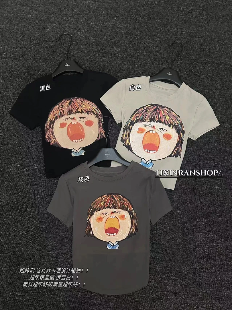 李欣然 笑脸T 夏季短款ins卡通笑脸印花休闲显瘦圆领百搭T恤A0197