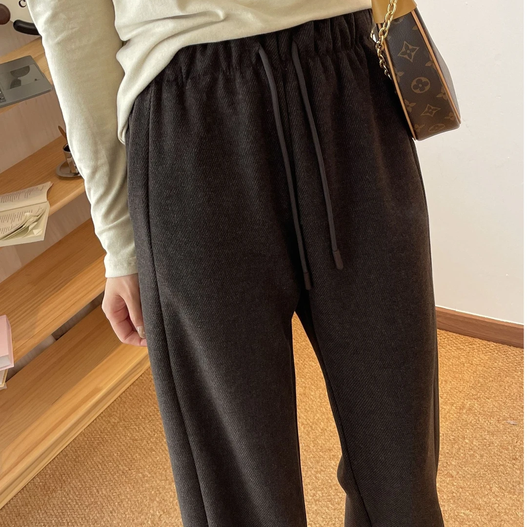 绵羊毛拼接百搭宽松加绒直筒裤