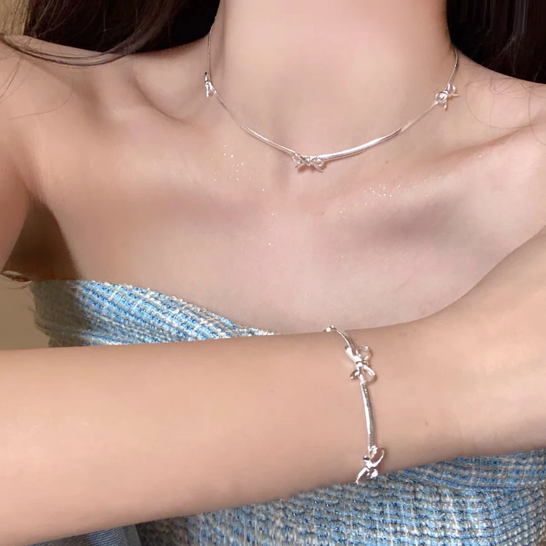 合金项链 小众项链女百搭高级ins蝴蝶结蛇骨链时尚颈链气质锁骨链