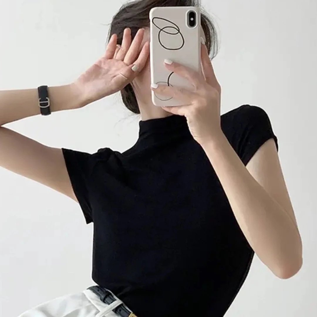 2025新款软糯显瘦气质半高领飞飞袖短袖打底上衣2黑色打底衫