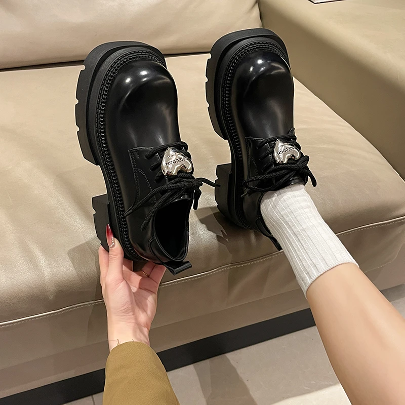 【油蜡皮】爱心厚底乐福鞋女黑色制服皮鞋英伦风单鞋粗跟圆头乐福鞋