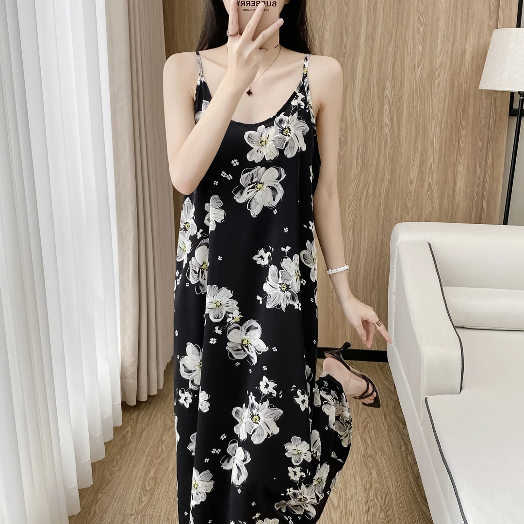 6141栀子花夏季新款碎花时尚薄款大码宽松连衣裙外穿吊带裙