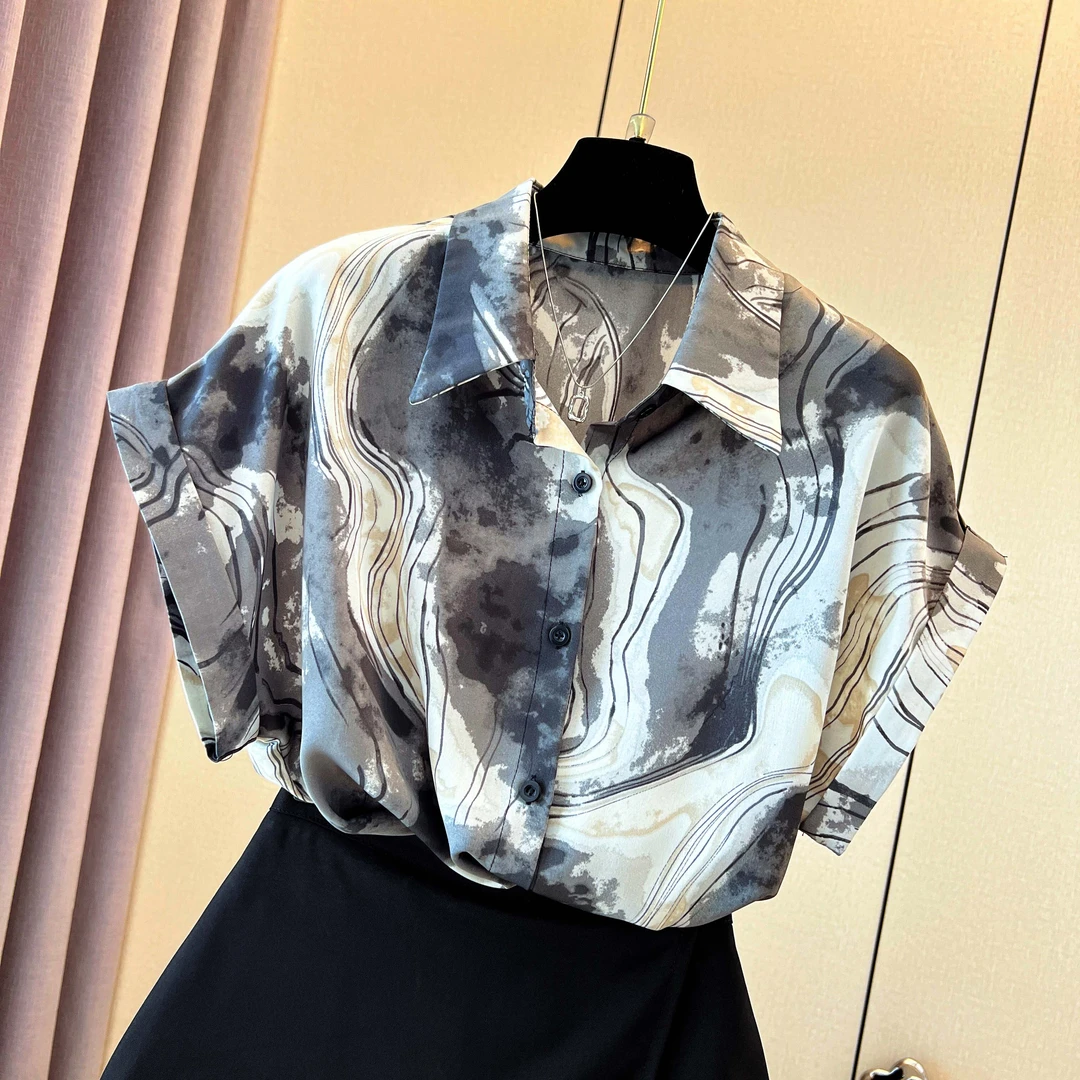 58421【水墨印花】夏季新款水墨印花时尚百搭显瘦衬衫