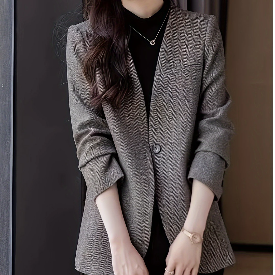 新款灰色无领西装外套女2025秋新款职业通勤女装高级感小西服上衣