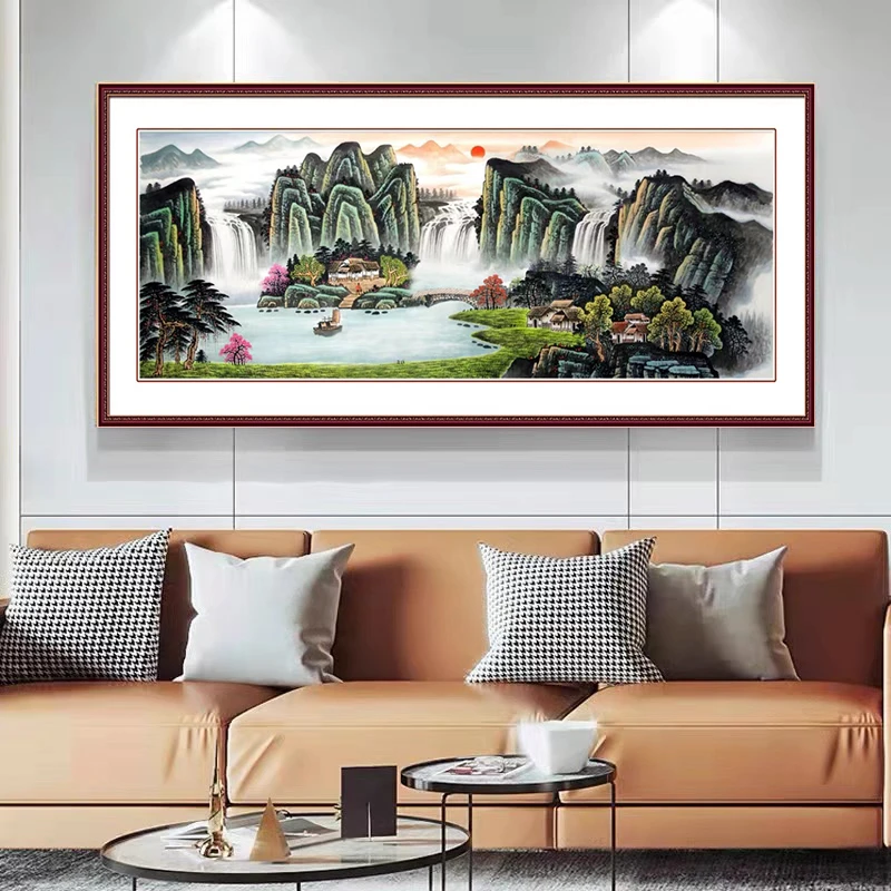 旭日东升十字绣2023新款流水生财满绣风景山水客厅线绣手工自己绣