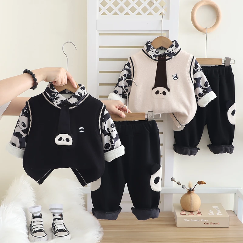 2024秋冬新款新生儿童装宝宝加绒加厚套装韩版中小童毛衣三件套