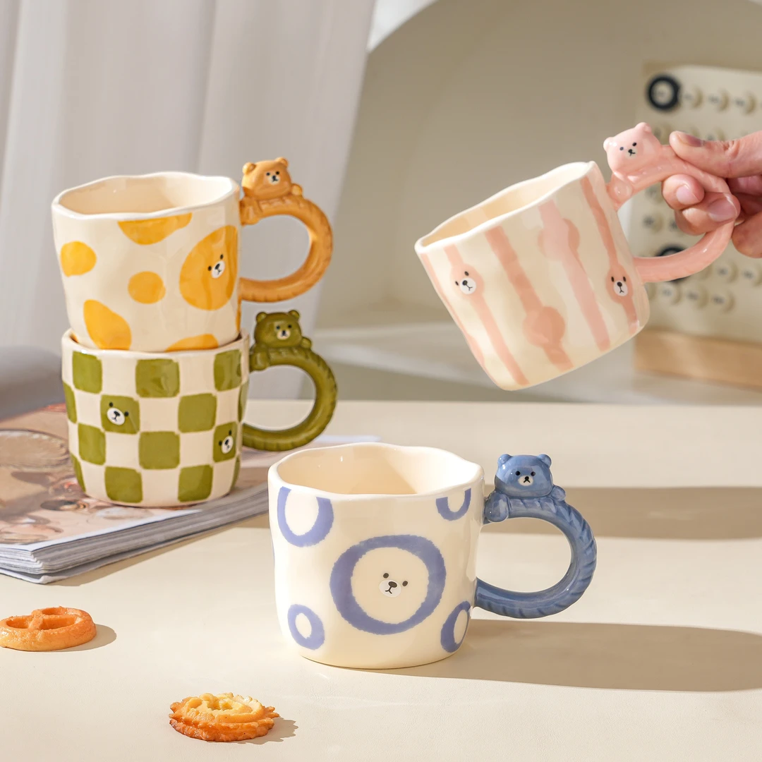 可爱ins风手捏不规则陶瓷杯马克杯小熊情侣早餐杯牛奶咖啡手柄杯