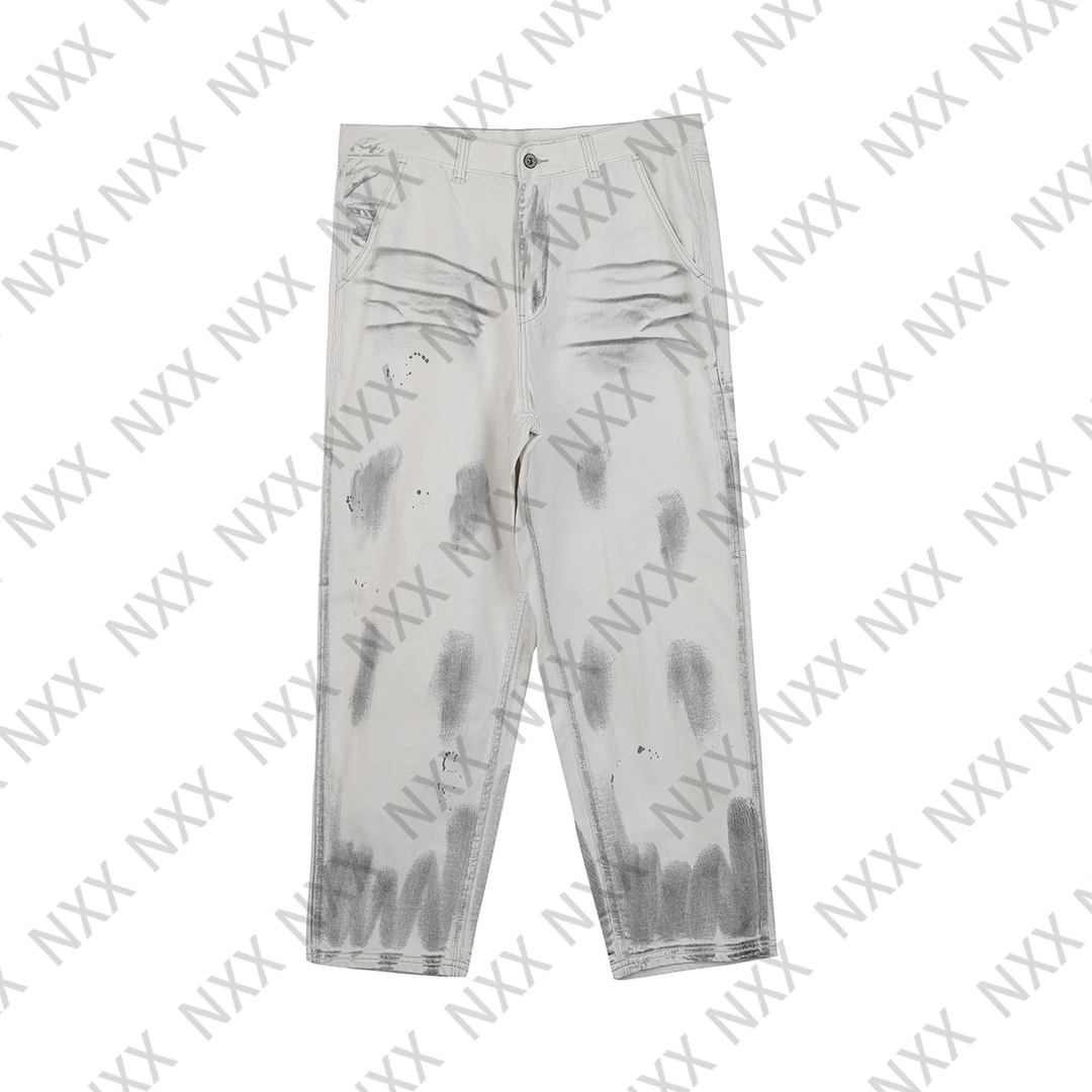 【清货款】秋冬设计师款时尚水洗百搭潮流纯色阔腿白色脏脏牛仔裤