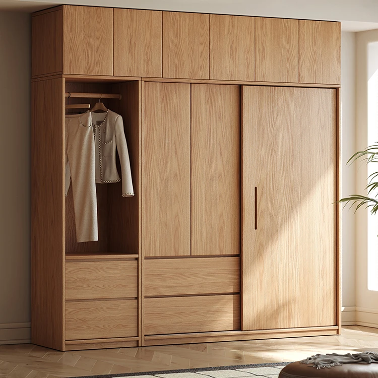 现代简约全实木橡木推拉门衣柜家用卧室原木风衣橱趟门主卧室衣柜