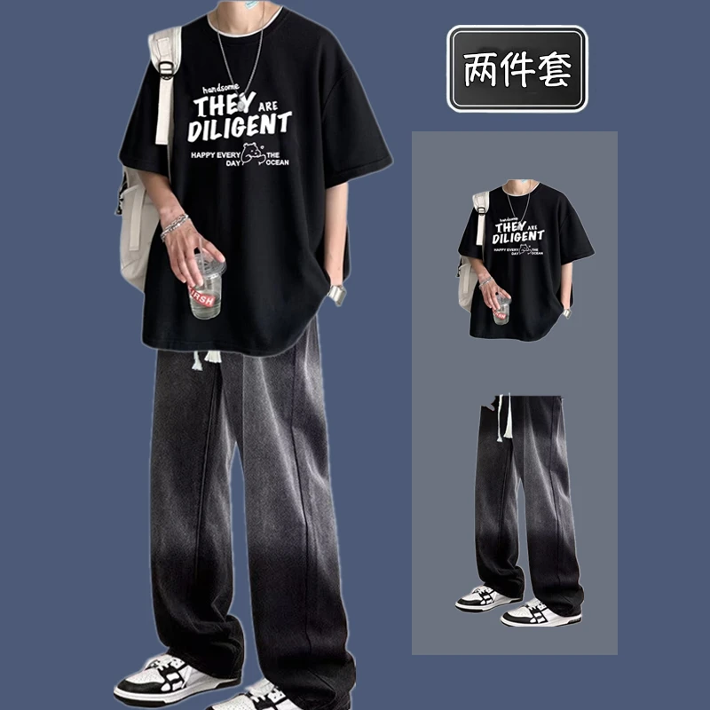 夏季男生痞帅套装短袖T恤帅气潮流一套学生搭配牛仔裤炸街两件套
